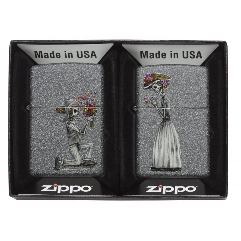Set Zippo 28987 Iron Stone Couple Day Of Dead Skulls
